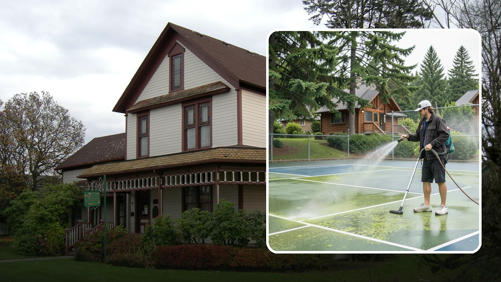 Tennis Court Cleaning in Sumner, Pierce County, WA - We clean tennis court surfaces to remove the algae film and organic staining that slow play and hide the lines in our damp...