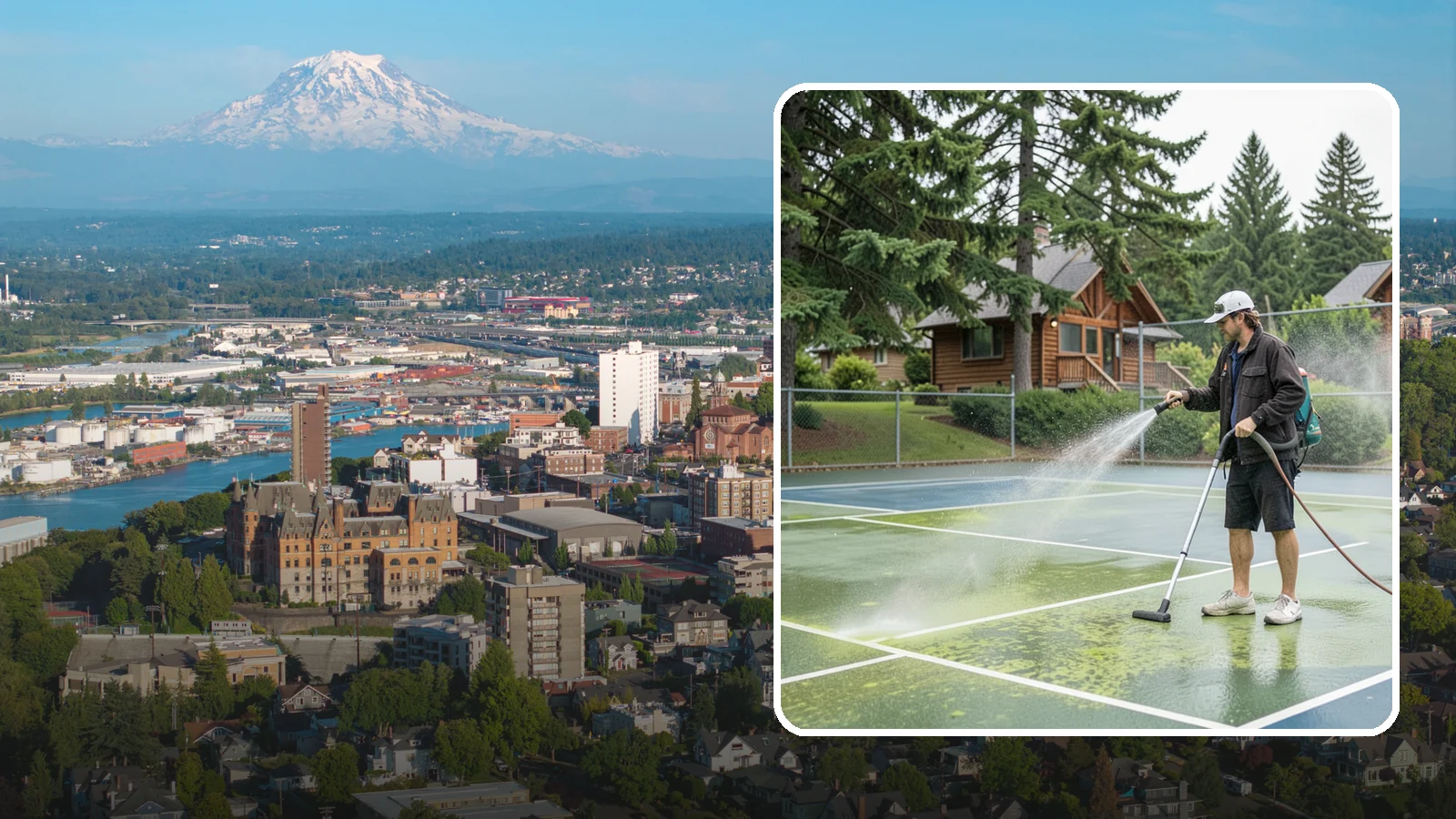 Tennis Court Cleaning in Tacoma, Pierce County, WA - We clean tennis court surfaces to remove the algae film and organic staining that slow play and hide the lines in our damp...