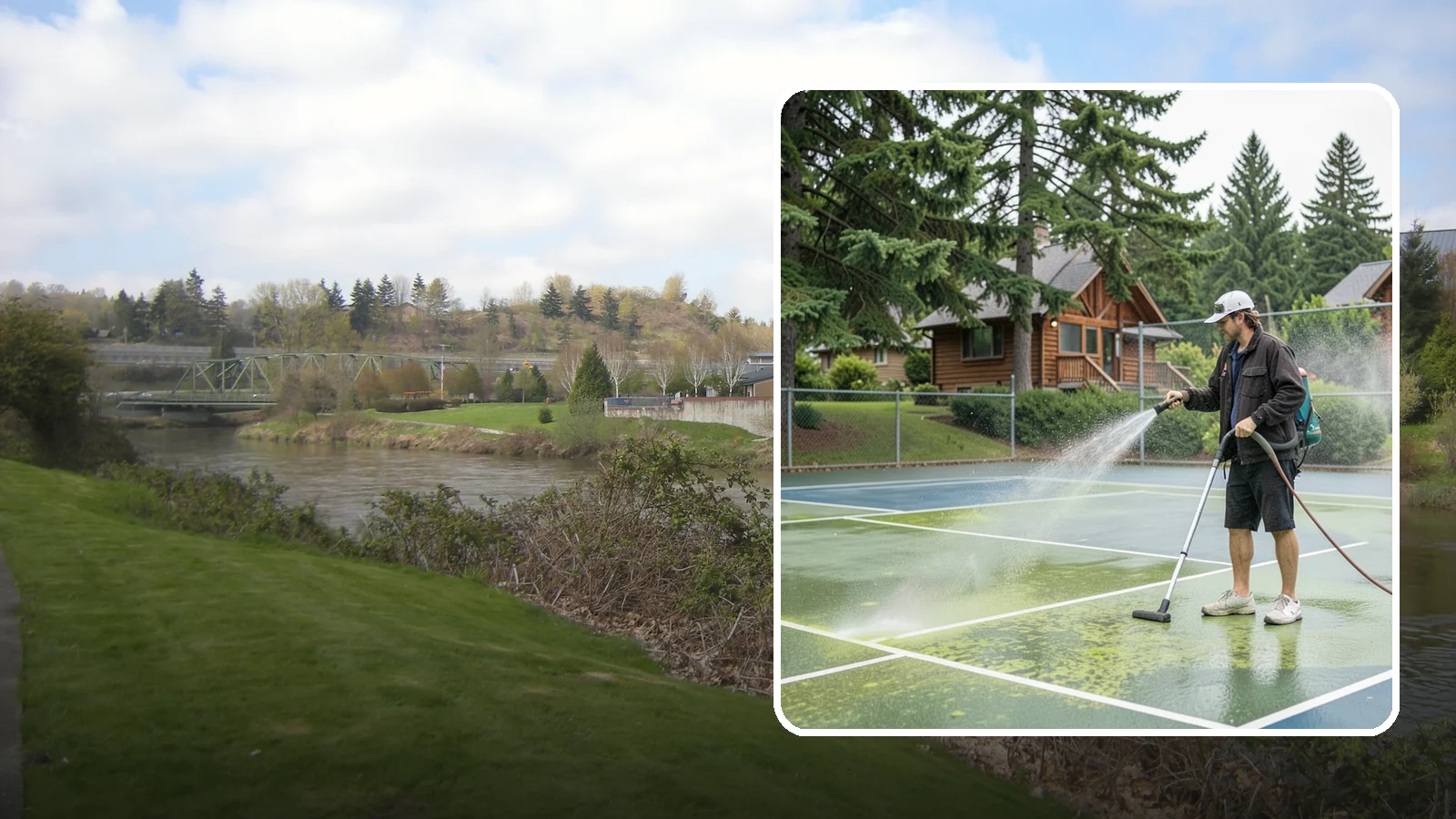 Tennis Court Cleaning in Tukwila, King County, WA - We clean tennis court surfaces to remove the algae film and organic staining that slow play and hide the lines in our damp...
