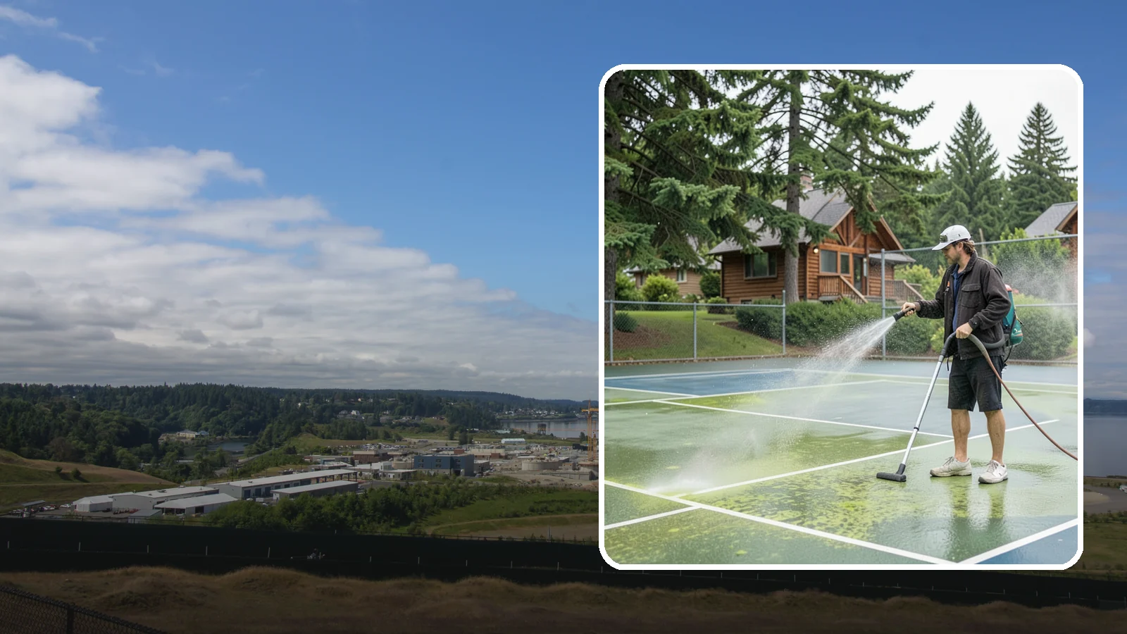 Tennis Court Cleaning in University Place, Pierce County, WA - We clean tennis court surfaces to remove the algae film and organic staining that slow play and hide the lines in our damp...