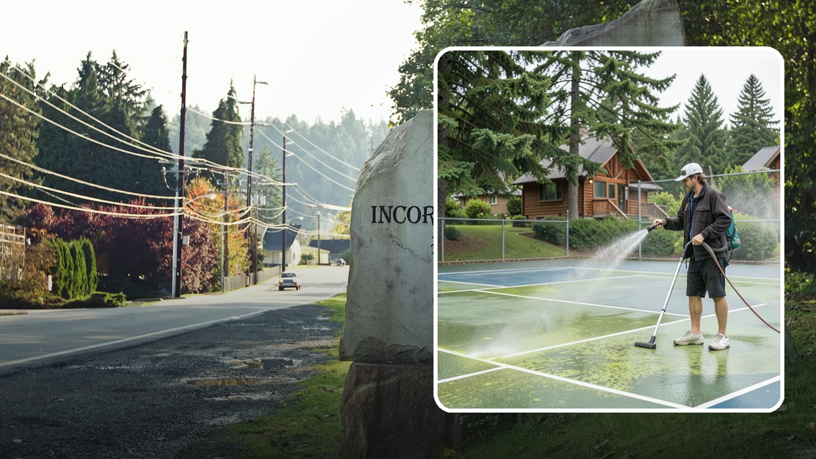 Tennis Court Cleaning in Wilkeson, Pierce County, WA - We clean tennis court surfaces to remove the algae film and organic staining that slow play and hide the lines in our damp...