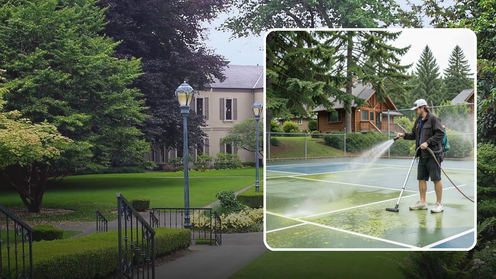 Tennis Court Cleaning in Woodinville, King County, WA - We clean tennis court surfaces to remove the algae film and organic staining that slow play and hide the lines in our damp...