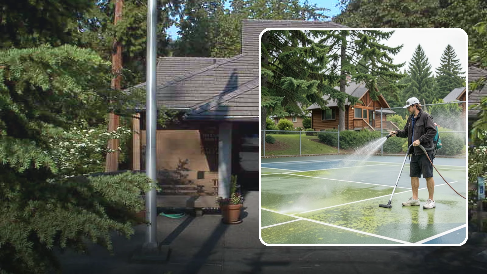 Tennis Court Cleaning in Yarrow Point, King County, WA - We clean tennis court surfaces to remove the algae film and organic staining that slow play and hide the lines in our damp...