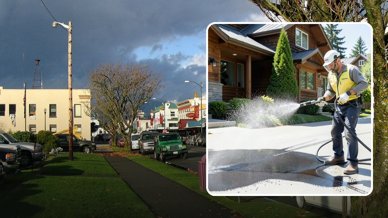 Tire Mark Removal in Arlington, Snohomish County, WA - Removal of black tire marks and scuffs that build up where vehicles turn and brake on driveways.