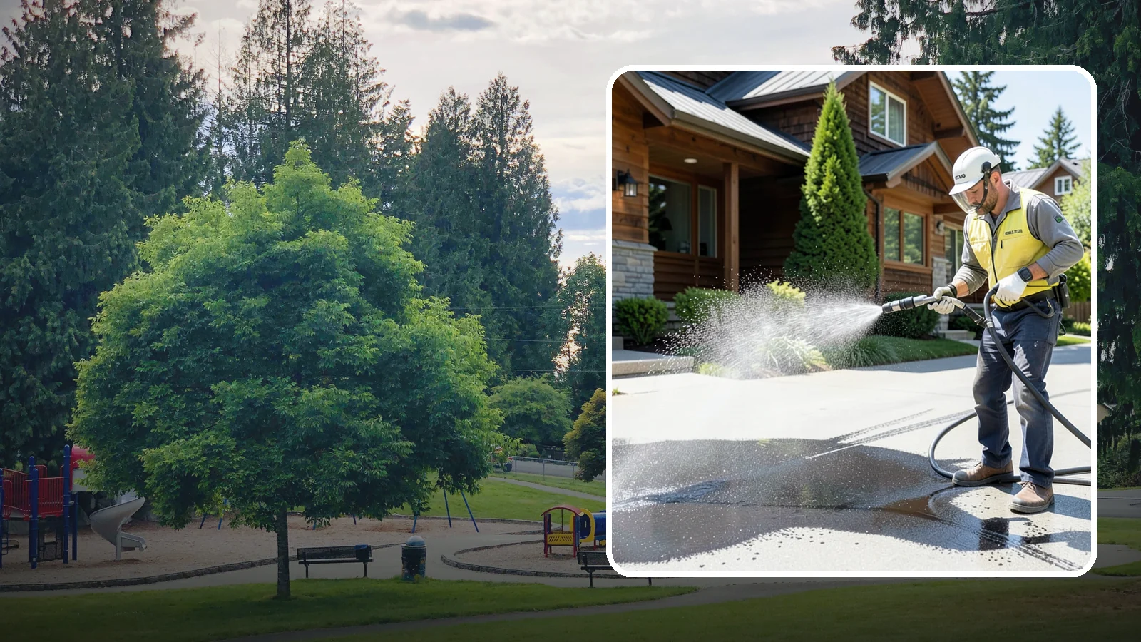 Tire Mark Removal in Bonney Lake, Pierce County, WA - Removal of black tire marks and scuffs that build up where vehicles turn and brake on driveways.