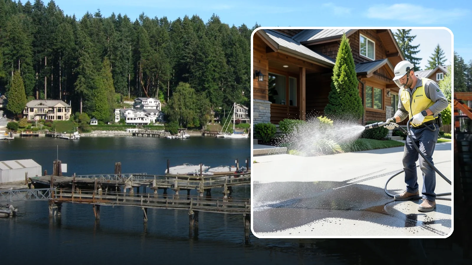 Tire Mark Removal in Gig Harbor, Pierce County, WA - Removal of black tire marks and scuffs that build up where vehicles turn and brake on driveways.
