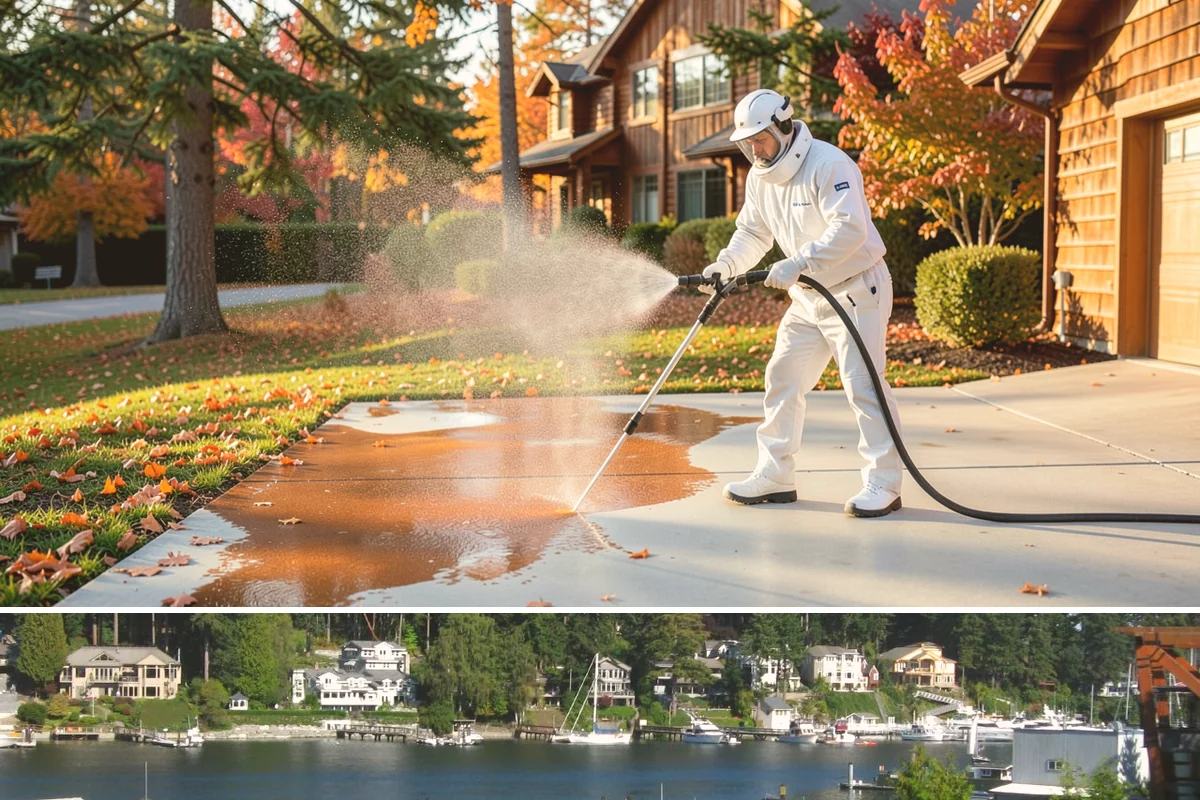 Tire Mark Removal in Gig Harbor, Pierce County, WA - Any dry stretch works well, with summer offering faster drying between treatment passes.