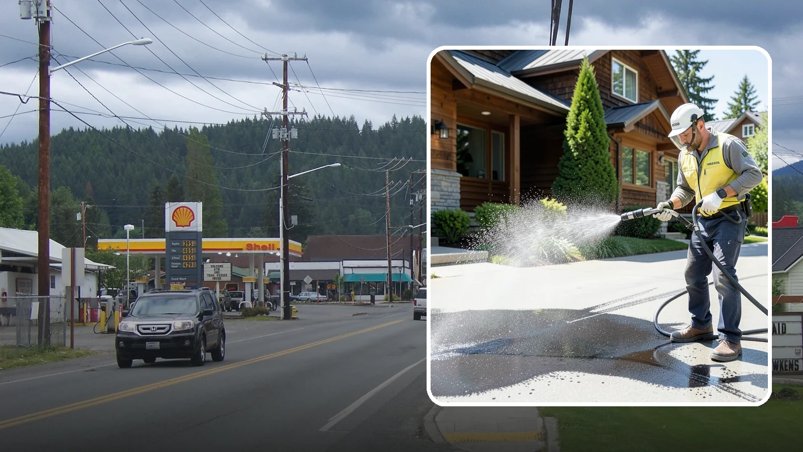 Tire Mark Removal in Granite Falls, Snohomish County, WA - Removal of black tire marks and scuffs that build up where vehicles turn and brake on driveways.