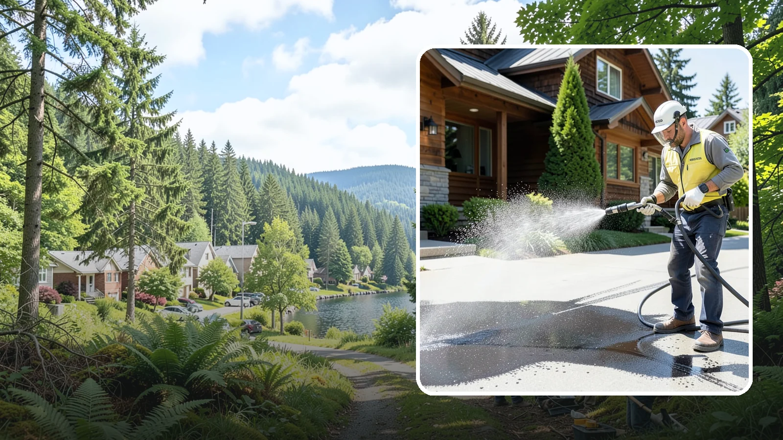 Tire Mark Removal in Lake Forest Park, King County, WA - Removal of black tire marks and scuffs that build up where vehicles turn and brake on driveways.