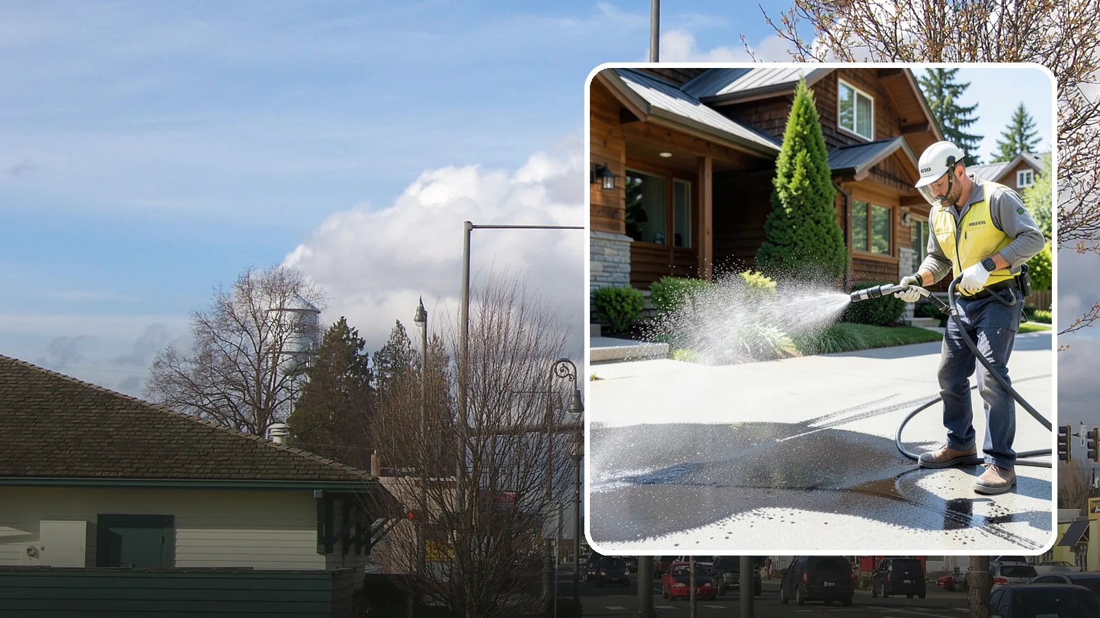 Tire Mark Removal in Marysville, Snohomish County, WA - Removal of black tire marks and scuffs that build up where vehicles turn and brake on driveways.