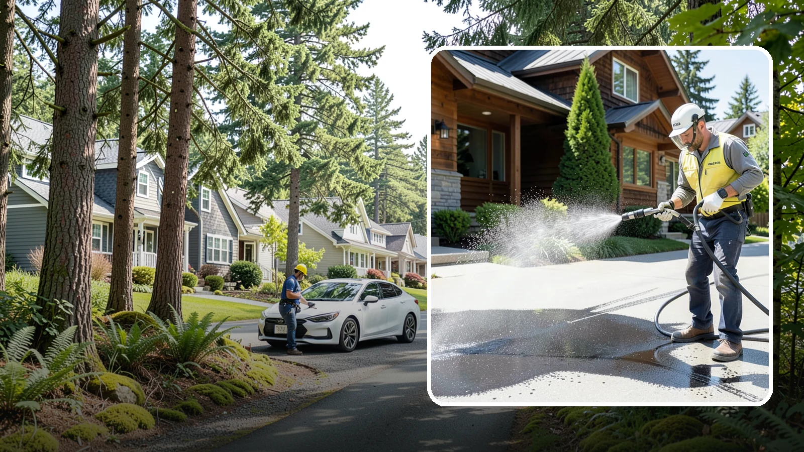 Tire Mark Removal in Normandy Park, King County, WA - Removal of black tire marks and scuffs that build up where vehicles turn and brake on driveways.