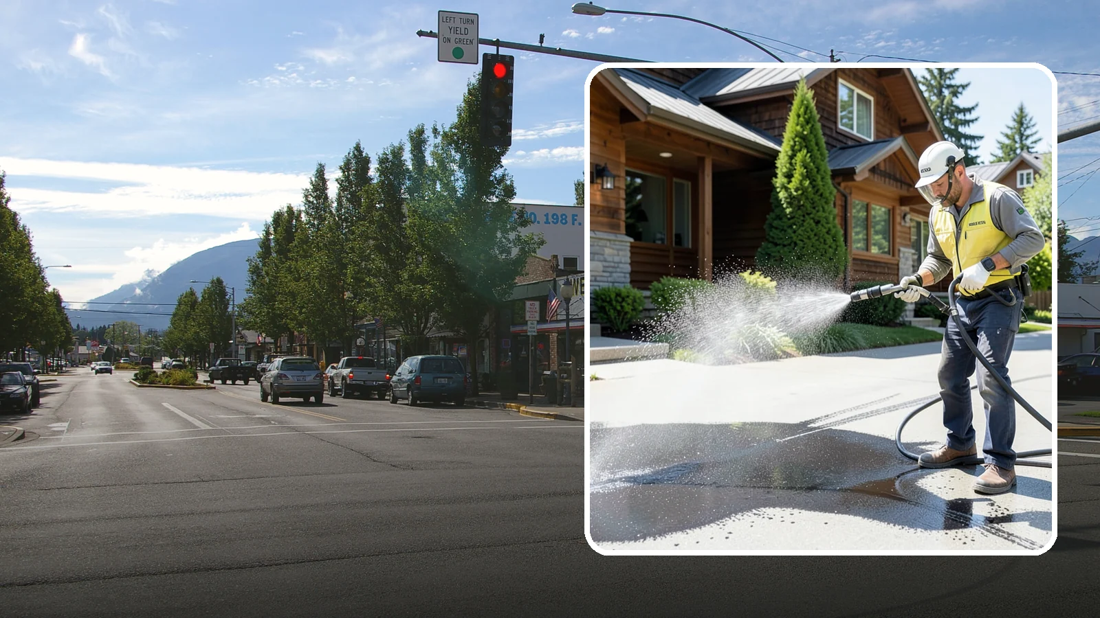 Tire Mark Removal in North Bend, King County, WA - Removal of black tire marks and scuffs that build up where vehicles turn and brake on driveways.