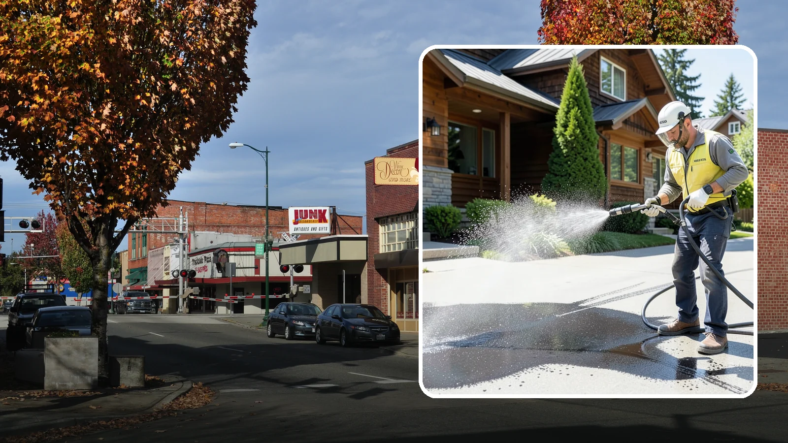 Tire Mark Removal in Puyallup, Pierce County, WA - Removal of black tire marks and scuffs that build up where vehicles turn and brake on driveways.