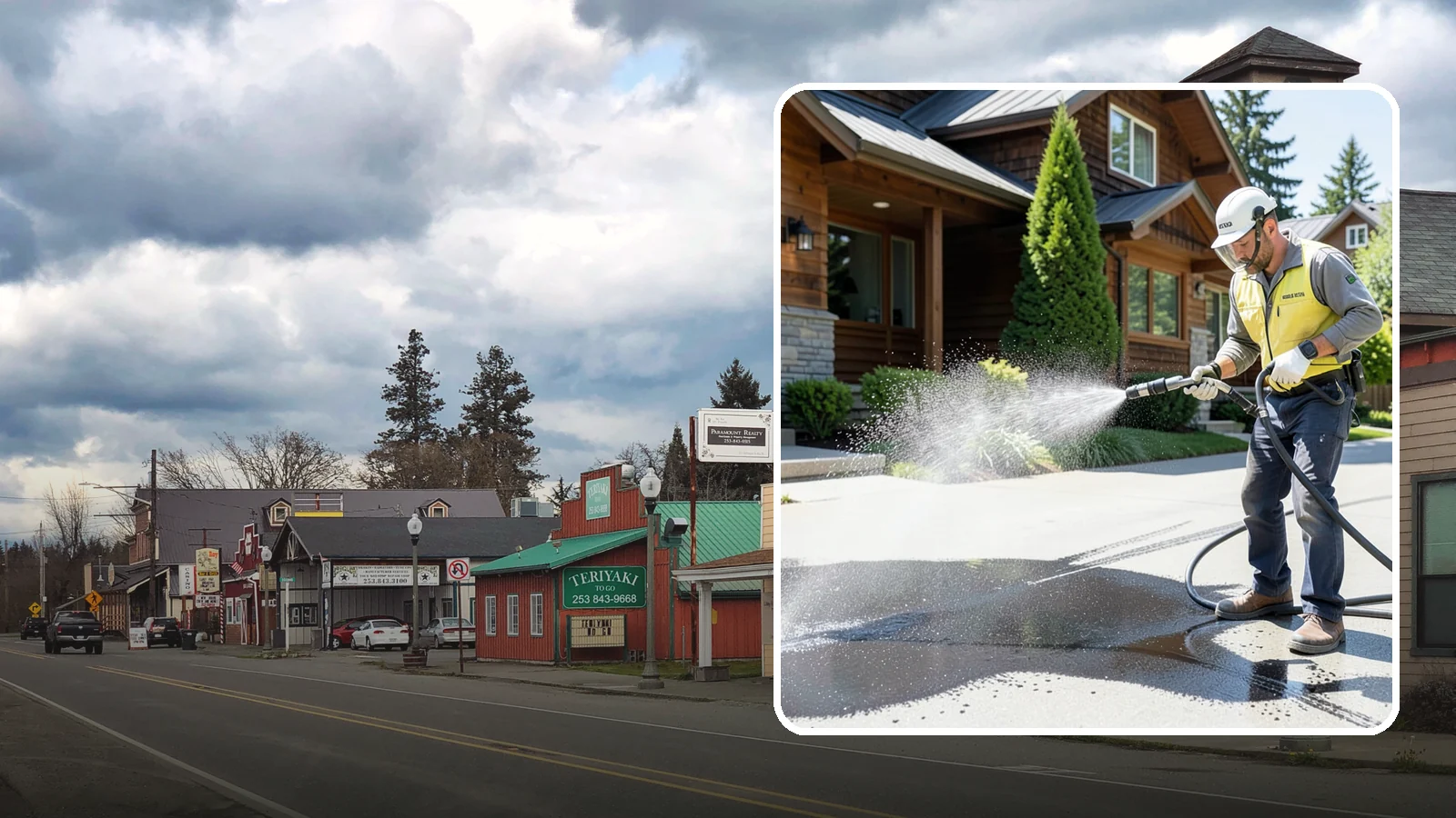 Tire Mark Removal in Roy, Pierce County, WA - Removal of black tire marks and scuffs that build up where vehicles turn and brake on driveways.