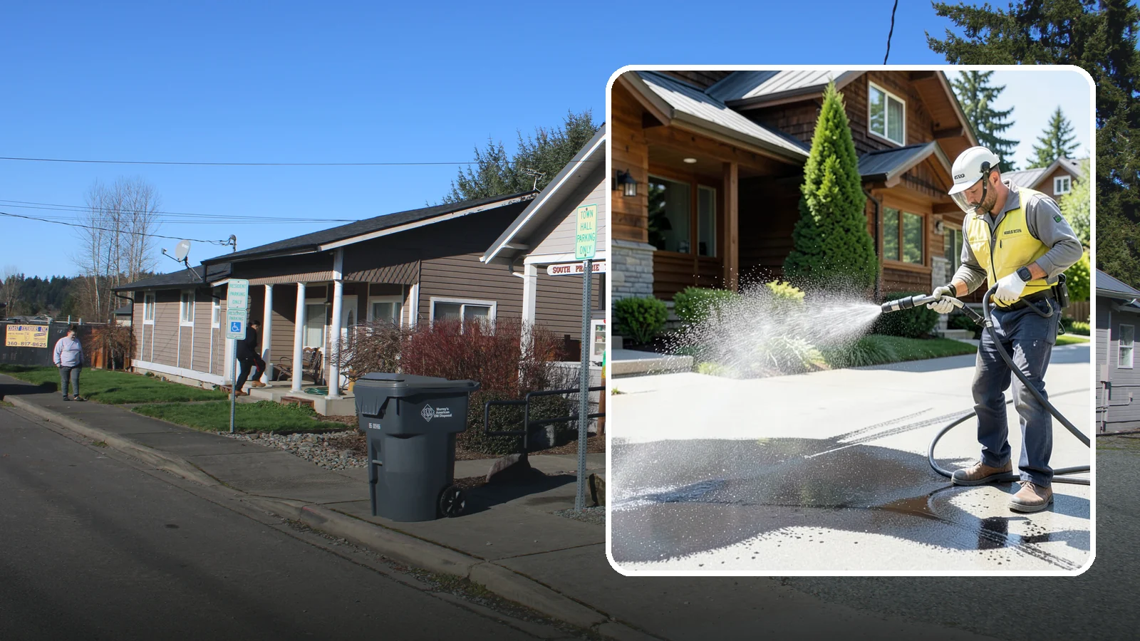 Tire Mark Removal in South Prairie, Pierce County, WA - Removal of black tire marks and scuffs that build up where vehicles turn and brake on driveways.