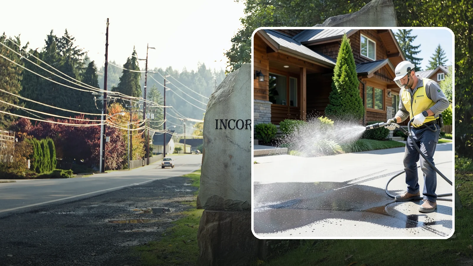 Tire Mark Removal in Wilkeson, Pierce County, WA - Removal of black tire marks and scuffs that build up where vehicles turn and brake on driveways.