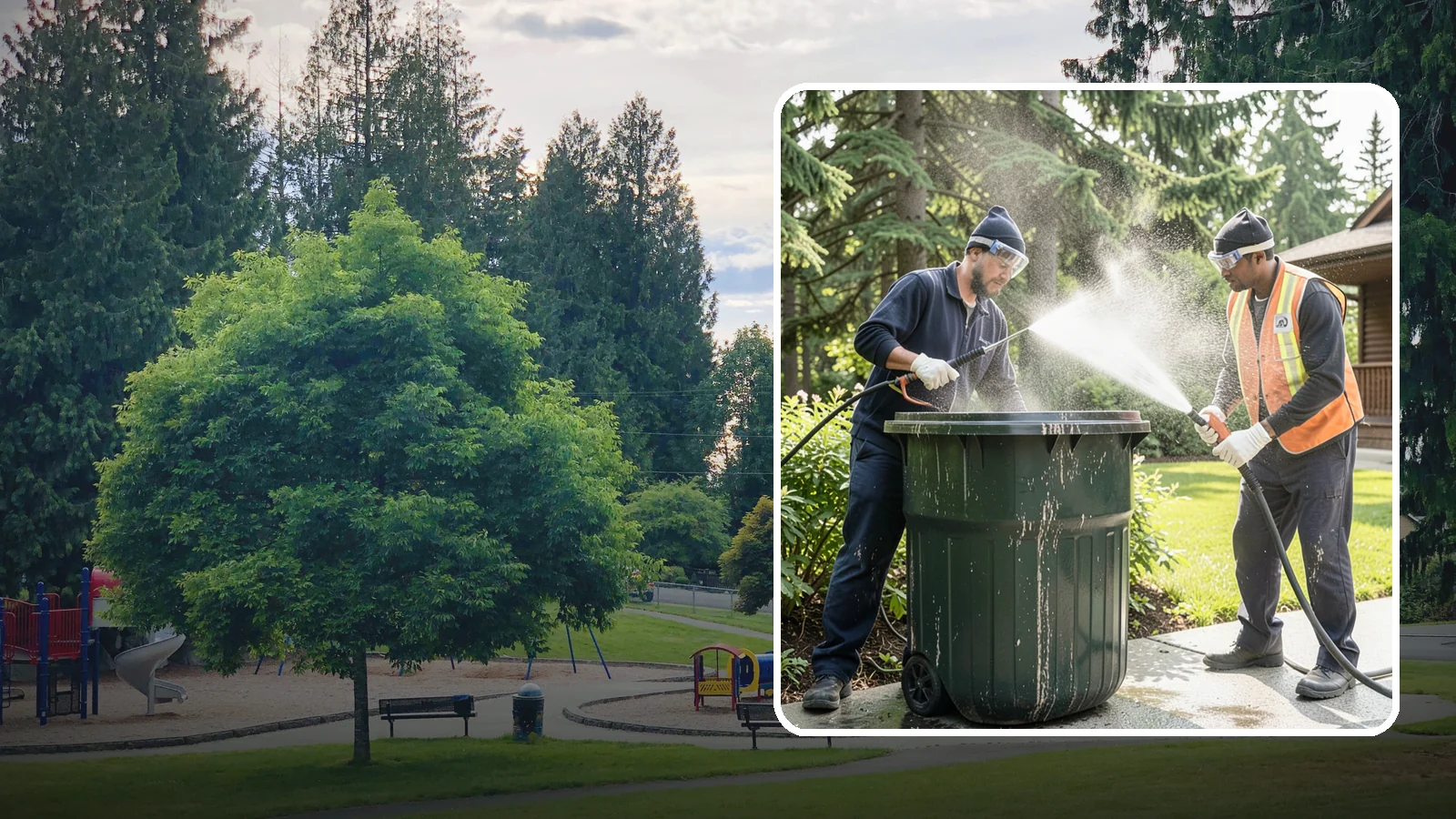 Trash Can Cleaning in Bonney Lake, Pierce County, WA - We clean and deodorize trash cans to remove the grime, residue, and odor that build inside and outside the bins.