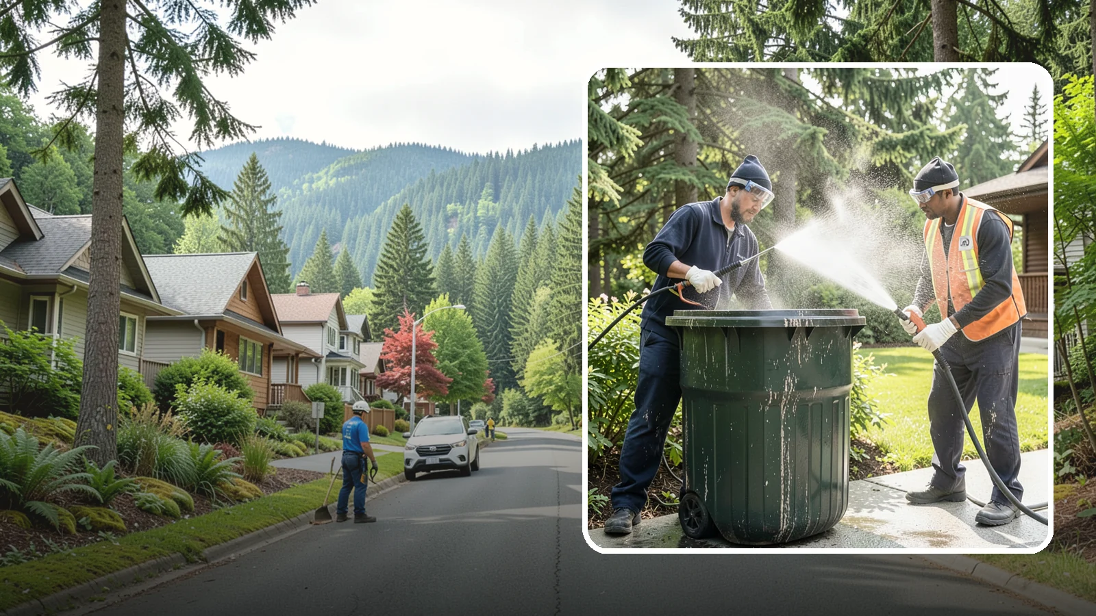 Trash Can Cleaning in Darrington, Snohomish County, WA - We clean and deodorize trash cans to remove the grime, residue, and odor that build inside and outside the bins.
