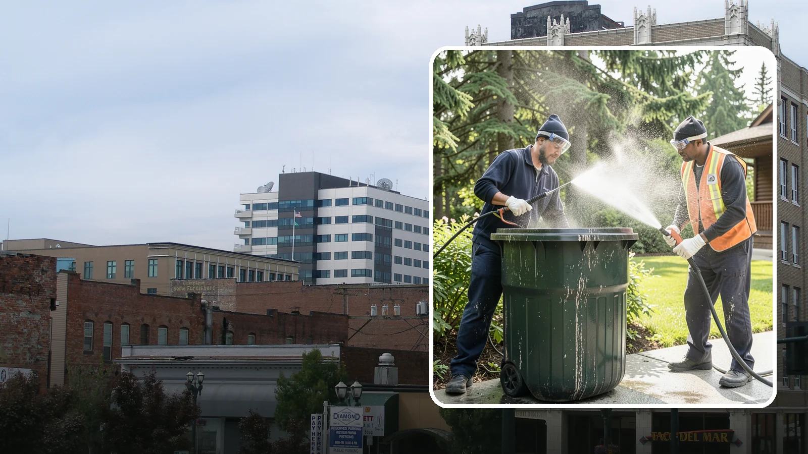 Trash Can Cleaning in Everett, Snohomish County, WA - We clean and deodorize trash cans to remove the grime, residue, and odor that build inside and outside the bins.