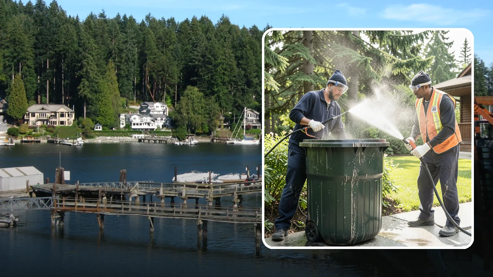 Trash Can Cleaning in Gig Harbor, Pierce County, WA - We clean and deodorize trash cans to remove the grime, residue, and odor that build inside and outside the bins.