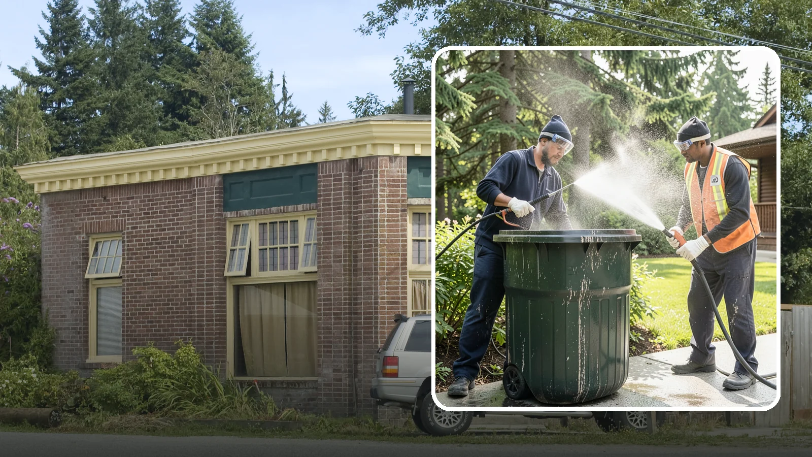 Trash Can Cleaning in Hamilton, Skagit County, WA - We clean and deodorize trash cans to remove the grime, residue, and odor that build inside and outside the bins.