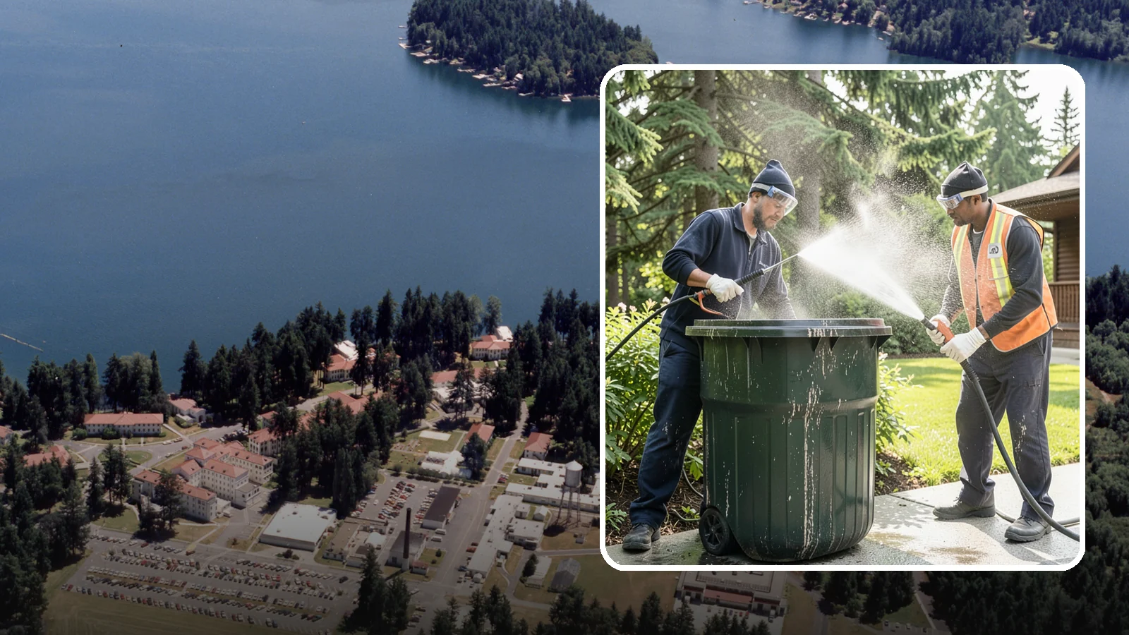 Trash Can Cleaning in Lakewood, Pierce County, WA - We clean and deodorize trash cans to remove the grime, residue, and odor that build inside and outside the bins.