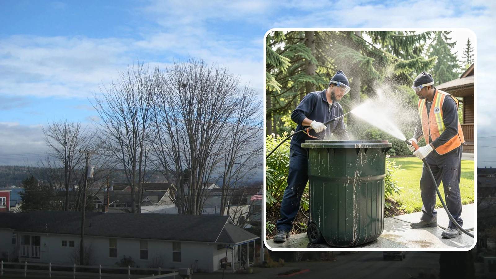 Trash Can Cleaning in Langley, Island County, WA - We clean and deodorize trash cans to remove the grime, residue, and odor that build inside and outside the bins.