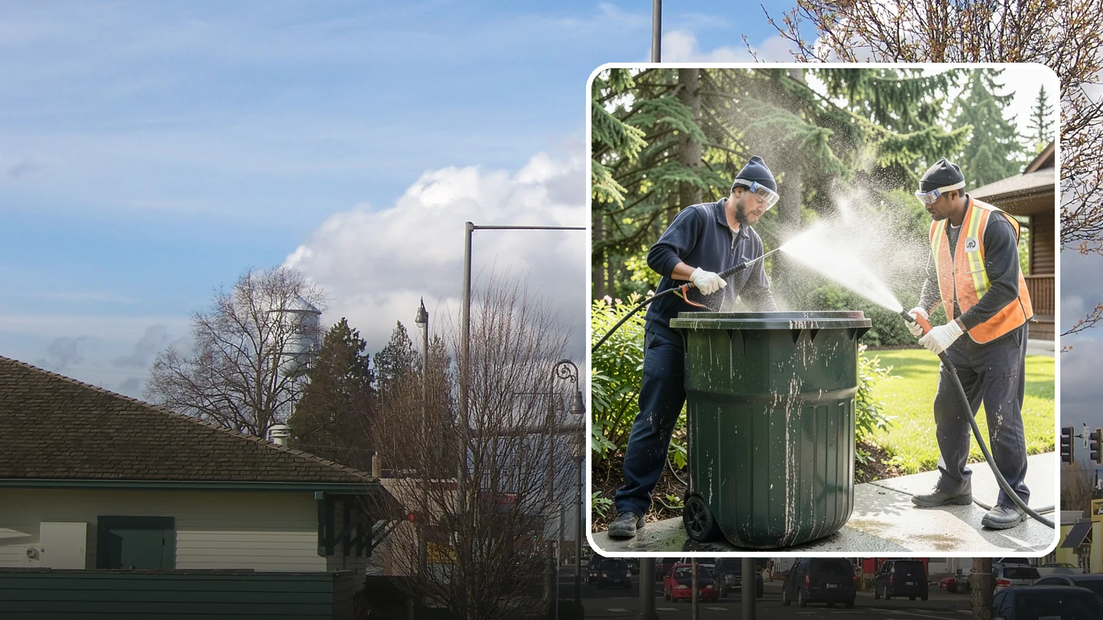 Trash Can Cleaning in Marysville, Snohomish County, WA - We clean and deodorize trash cans to remove the grime, residue, and odor that build inside and outside the bins.