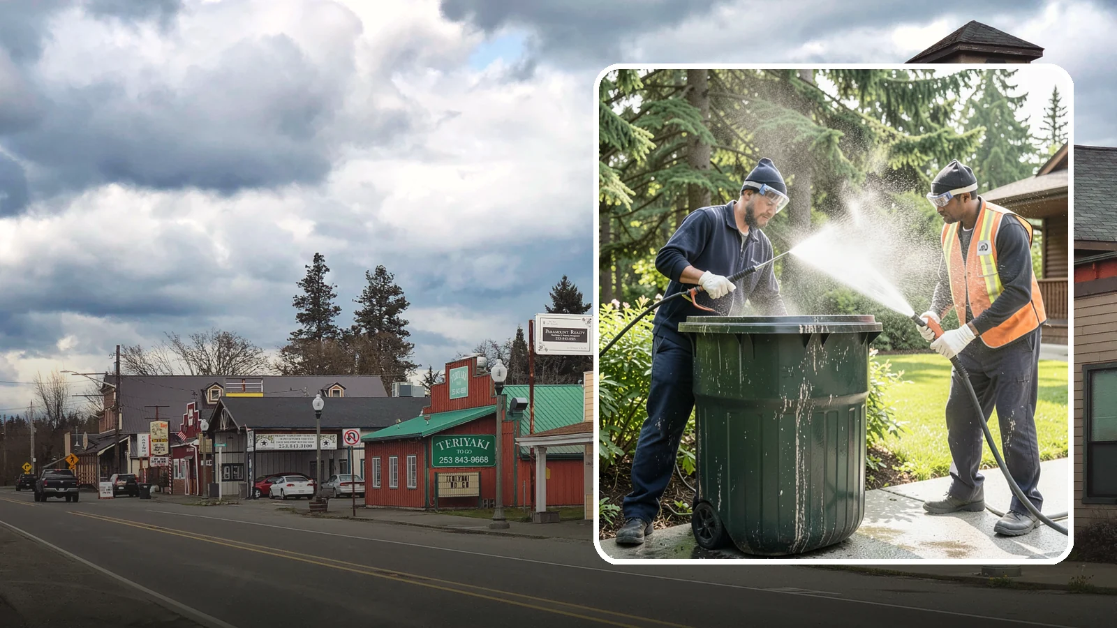 Trash Can Cleaning in Roy, Pierce County, WA - We clean and deodorize trash cans to remove the grime, residue, and odor that build inside and outside the bins.