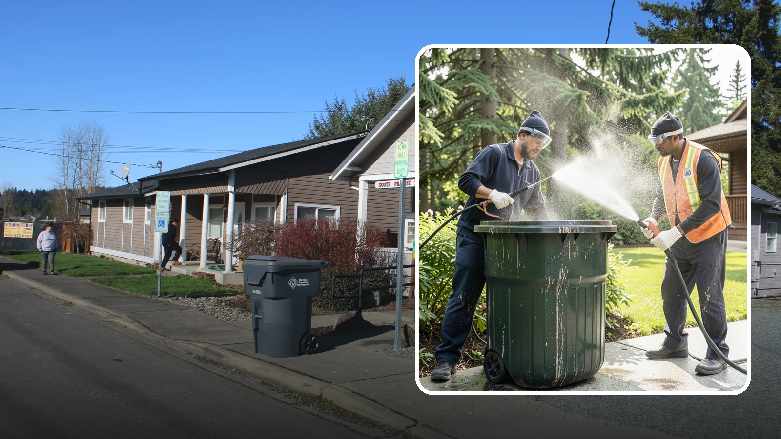 Trash Can Cleaning in South Prairie, Pierce County, WA - We clean and deodorize trash cans to remove the grime, residue, and odor that build inside and outside the bins.