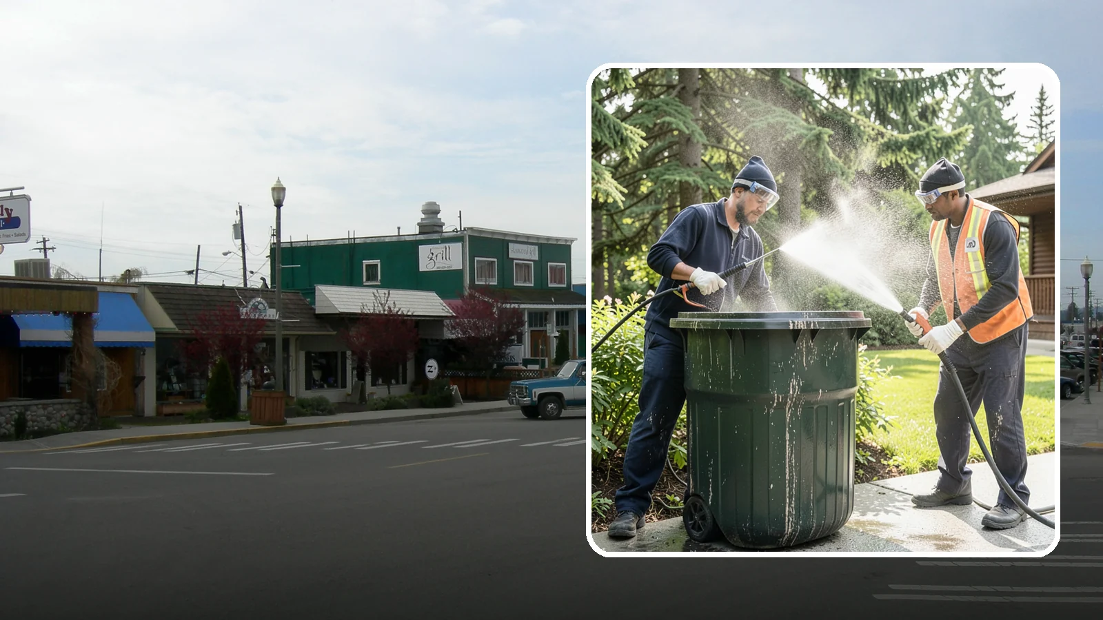 Trash Can Cleaning in Stanwood, Snohomish County, WA - We clean and deodorize trash cans to remove the grime, residue, and odor that build inside and outside the bins.