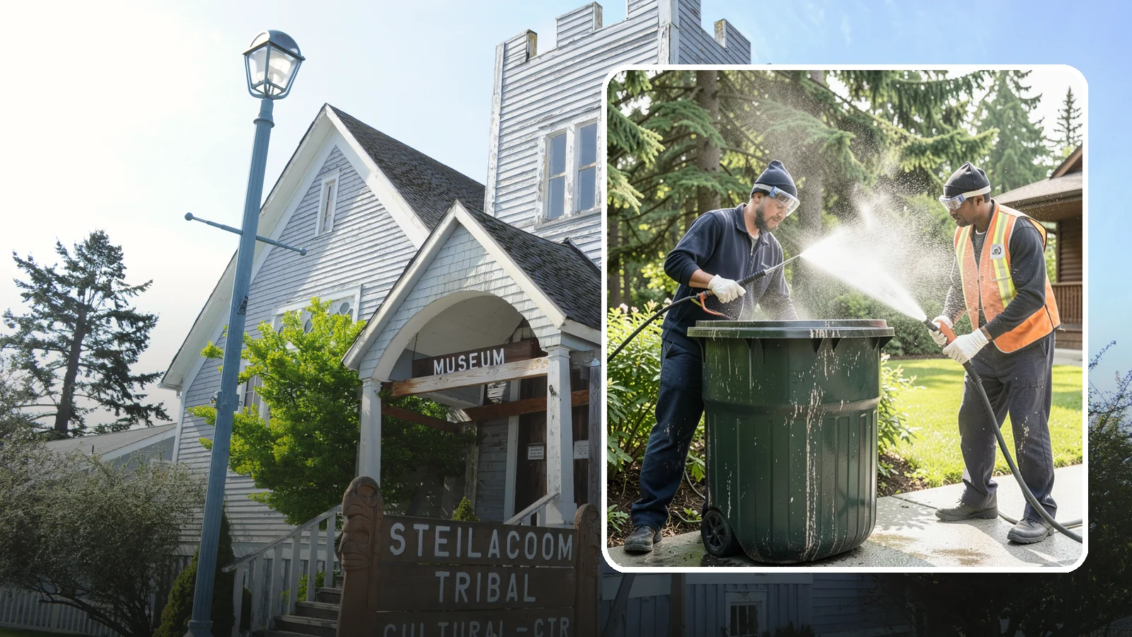 Trash Can Cleaning in Steilacoom, Pierce County, WA - We clean and deodorize trash cans to remove the grime, residue, and odor that build inside and outside the bins.