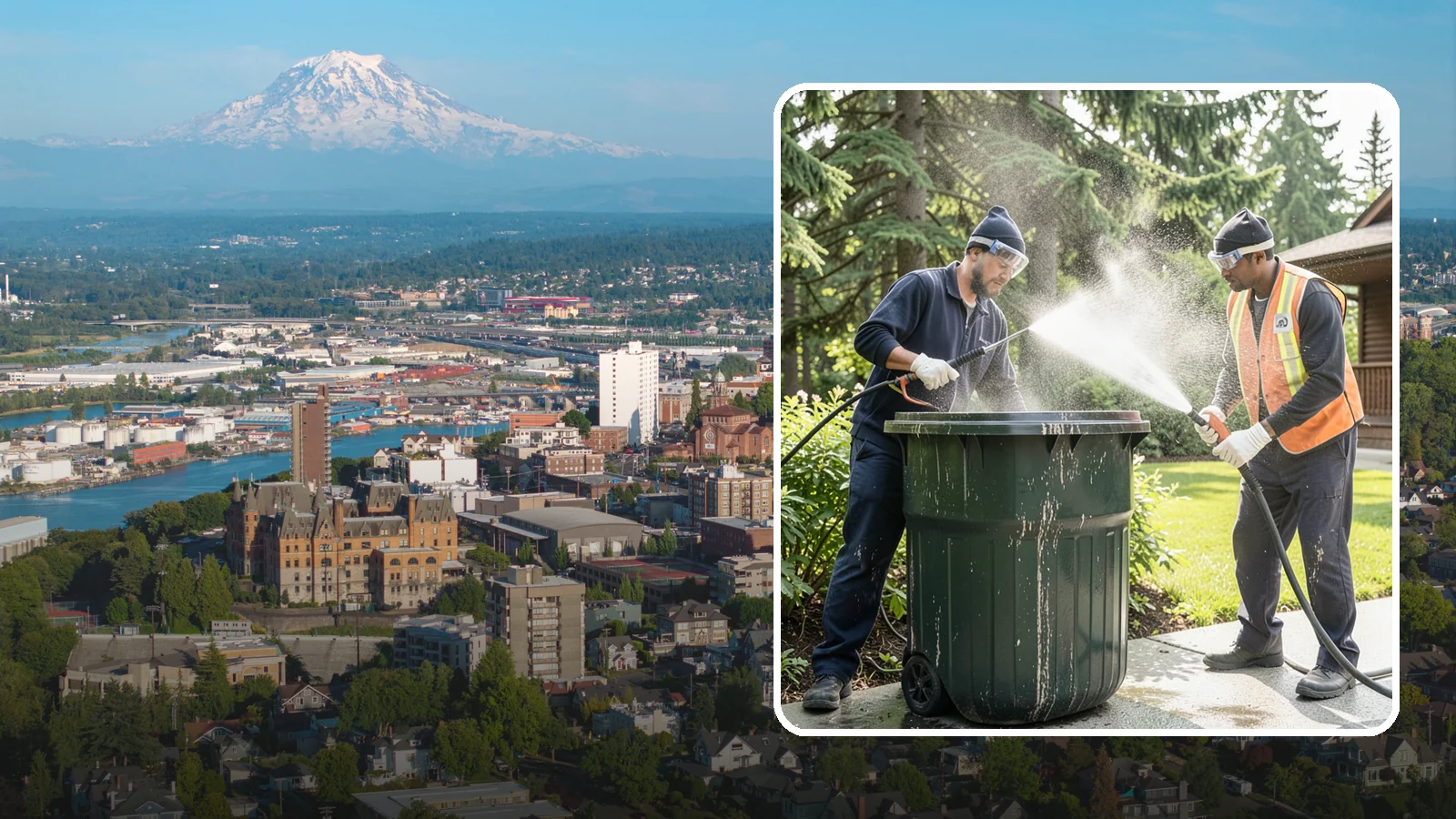 Trash Can Cleaning in Tacoma, Pierce County, WA - We clean and deodorize trash cans to remove the grime, residue, and odor that build inside and outside the bins.