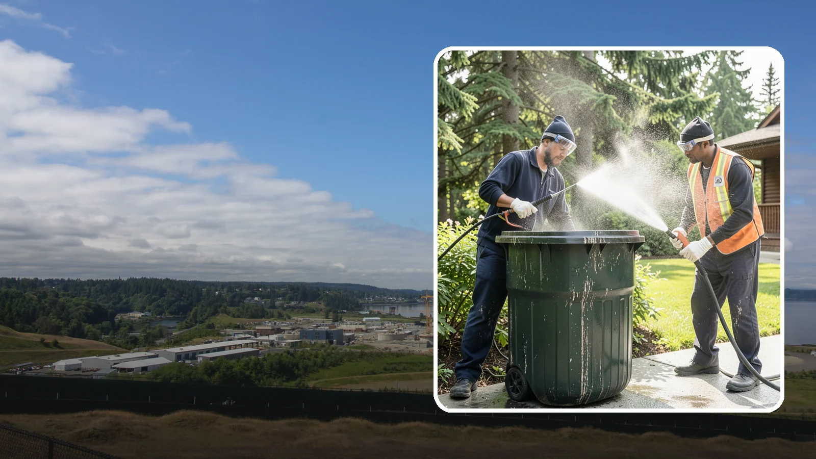 Trash Can Cleaning in University Place, Pierce County, WA - We clean and deodorize trash cans to remove the grime, residue, and odor that build inside and outside the bins.