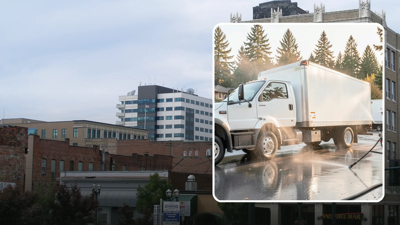 Truck Washing in Everett, Snohomish County, WA - We wash work trucks and box trucks to strip the mud, road film, and grime that Washington job sites and highways pile on.