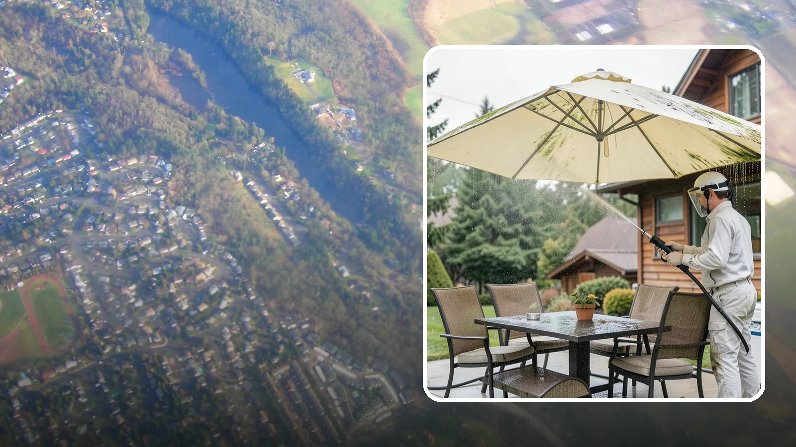 Umbrella Cleaning in Algona, King County, WA - We clean patio umbrella canopies and frames to strip out the moss spotting and bird mess that collect over a long rainy season.