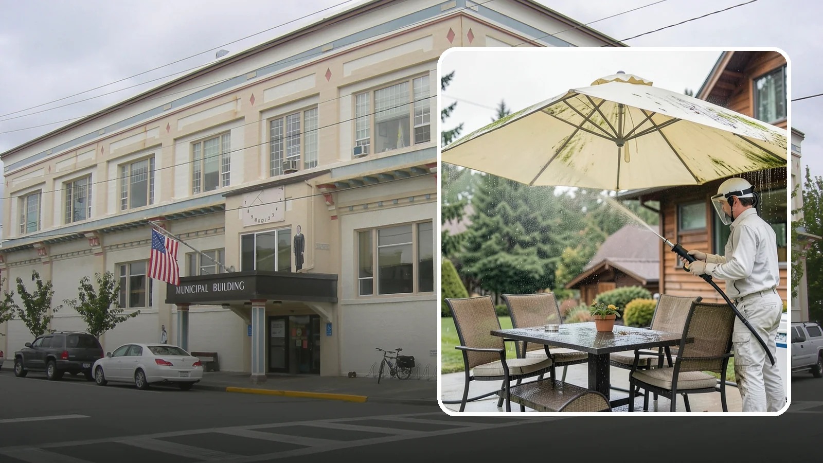 Umbrella Cleaning in Anacortes, Skagit County, WA - We clean patio umbrella canopies and frames to strip out the moss spotting and bird mess that collect over a long rainy season.