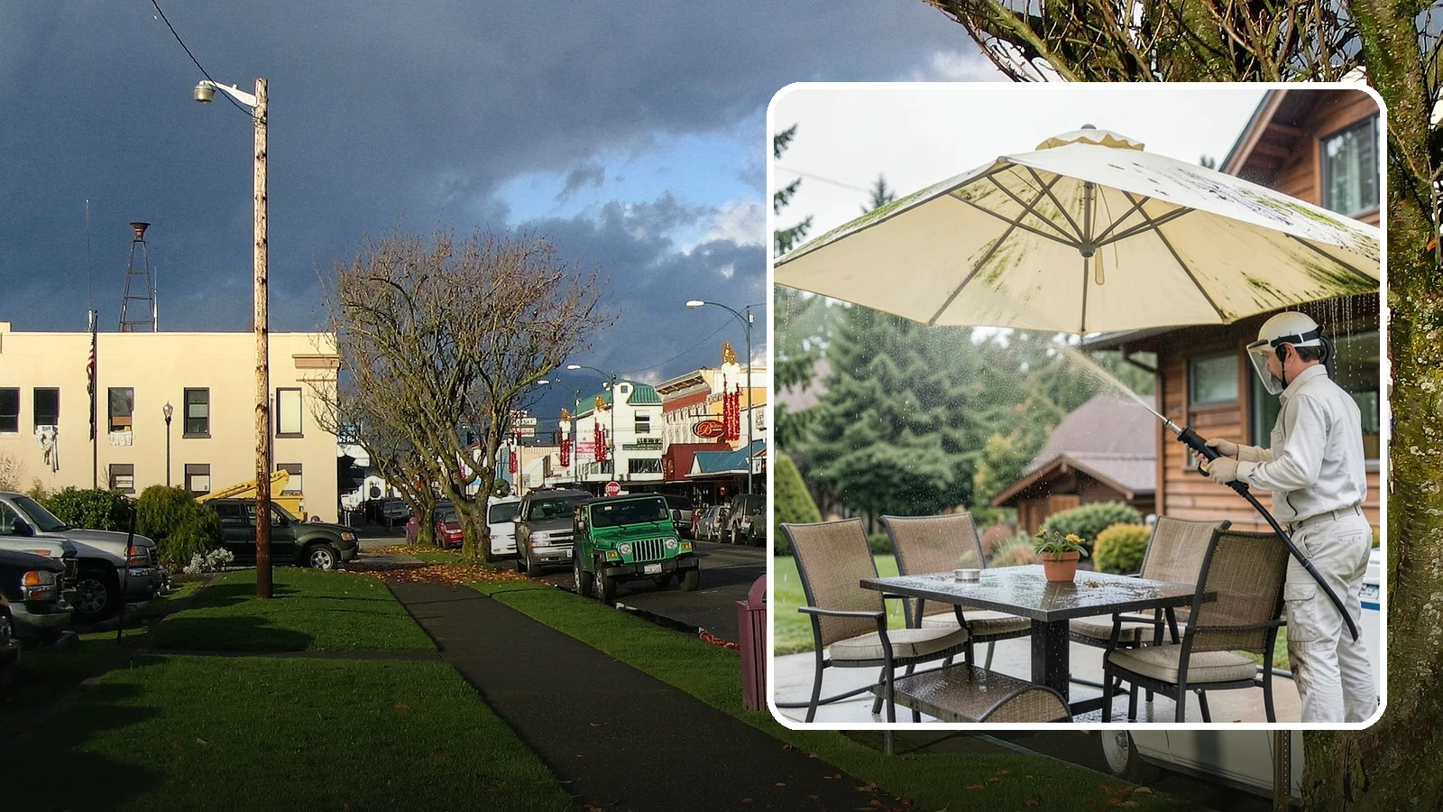 Umbrella Cleaning in Arlington, Snohomish County, WA - We clean patio umbrella canopies and frames to strip out the moss spotting and bird mess that collect over a long rainy season.