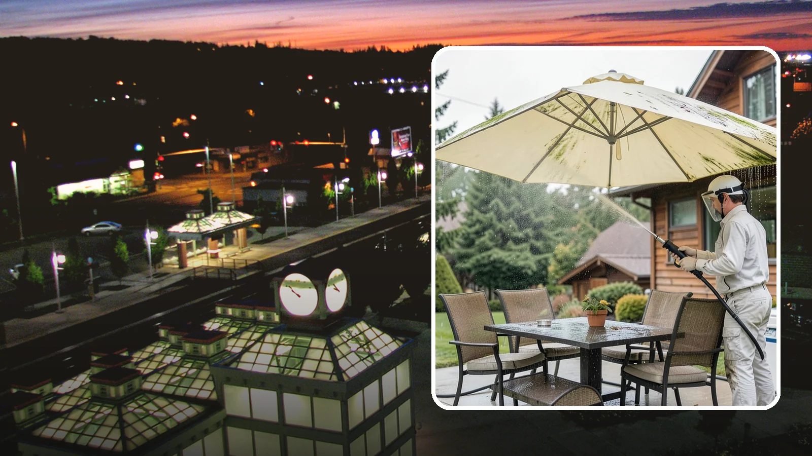 Umbrella Cleaning in Auburn, King County, WA - We clean patio umbrella canopies and frames to strip out the moss spotting and bird mess that collect over a long rainy season.