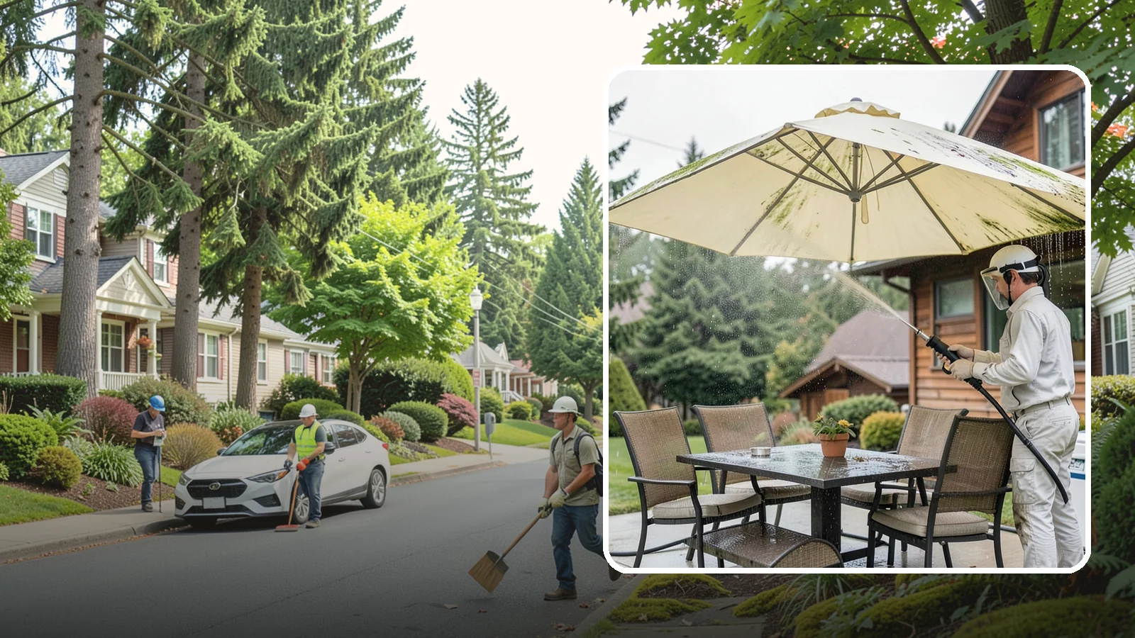 Umbrella Cleaning in Beaux Arts Village, King County, WA - We clean patio umbrella canopies and frames to strip out the moss spotting and bird mess that collect over a long rainy season.