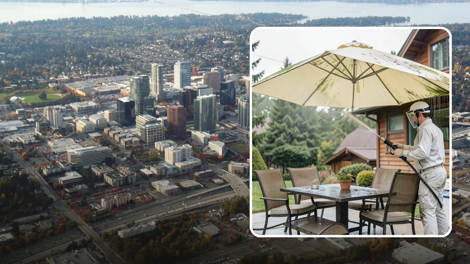 Umbrella Cleaning in Bellevue, King County, WA - We clean patio umbrella canopies and frames to strip out the moss spotting and bird mess that collect over a long rainy season.