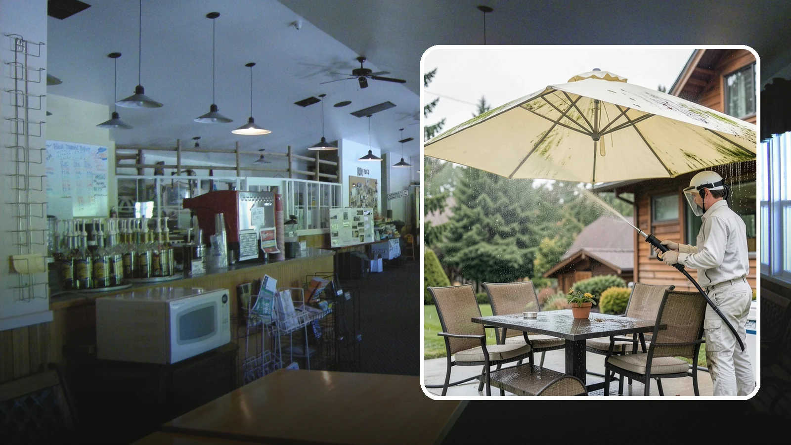 Umbrella Cleaning in Black Diamond, King County, WA - We clean patio umbrella canopies and frames to strip out the moss spotting and bird mess that collect over a long rainy season.