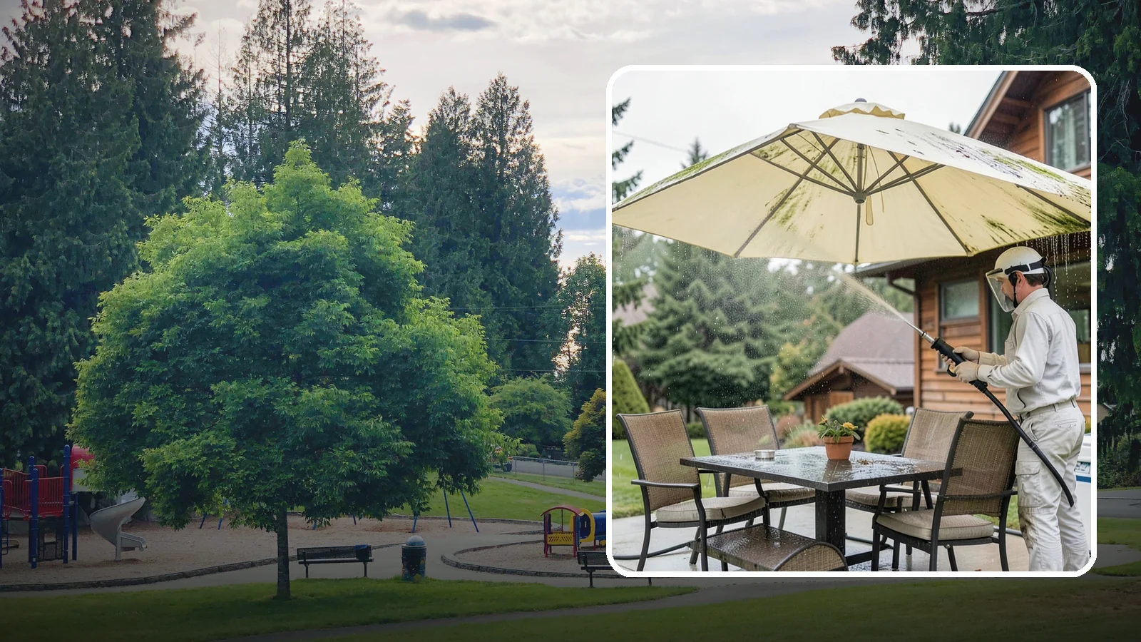Umbrella Cleaning in Bonney Lake, Pierce County, WA - We clean patio umbrella canopies and frames to strip out the moss spotting and bird mess that collect over a long rainy season.
