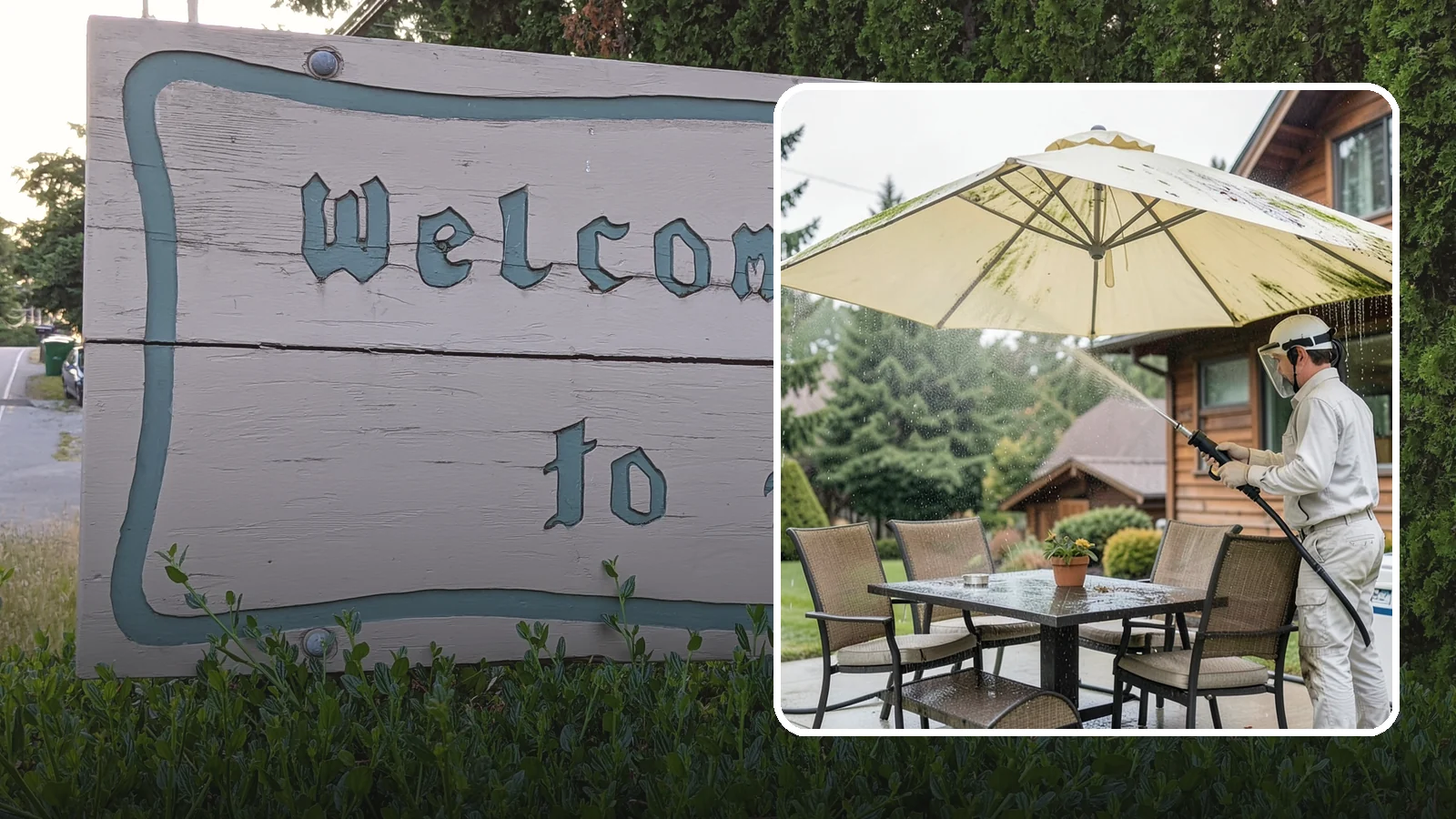Umbrella Cleaning in Brier, Snohomish County, WA - We clean patio umbrella canopies and frames to strip out the moss spotting and bird mess that collect over a long rainy season.