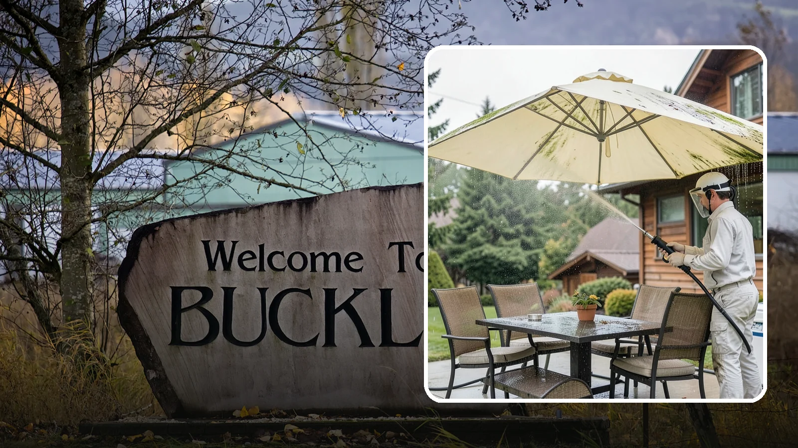Umbrella Cleaning in Buckley, Pierce County, WA - We clean patio umbrella canopies and frames to strip out the moss spotting and bird mess that collect over a long rainy season.