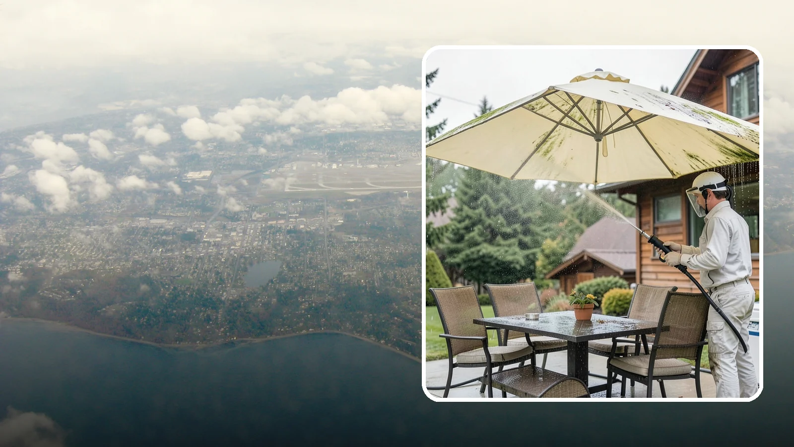 Umbrella Cleaning in Burien, King County, WA - We clean patio umbrella canopies and frames to strip out the moss spotting and bird mess that collect over a long rainy season.