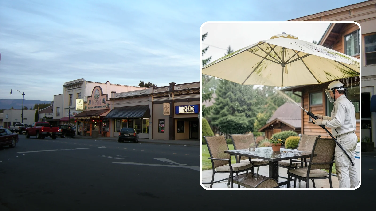Umbrella Cleaning in Burlington, Skagit County, WA - We clean patio umbrella canopies and frames to strip out the moss spotting and bird mess that collect over a long rainy season.