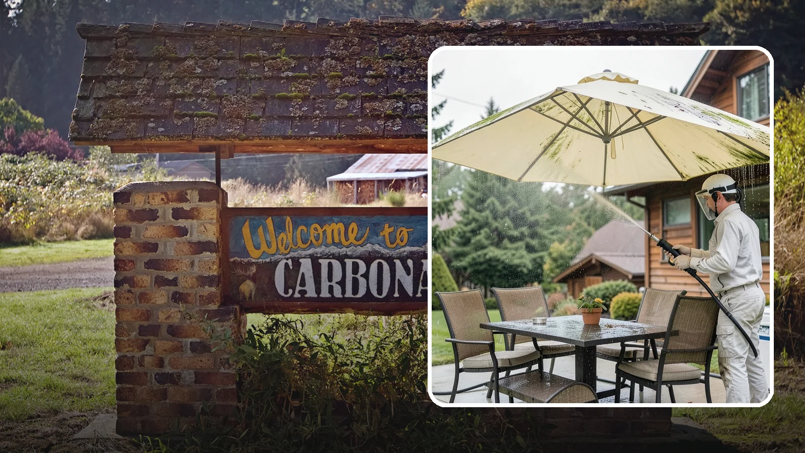 Umbrella Cleaning in Carbonado, Pierce County, WA - We clean patio umbrella canopies and frames to strip out the moss spotting and bird mess that collect over a long rainy season.