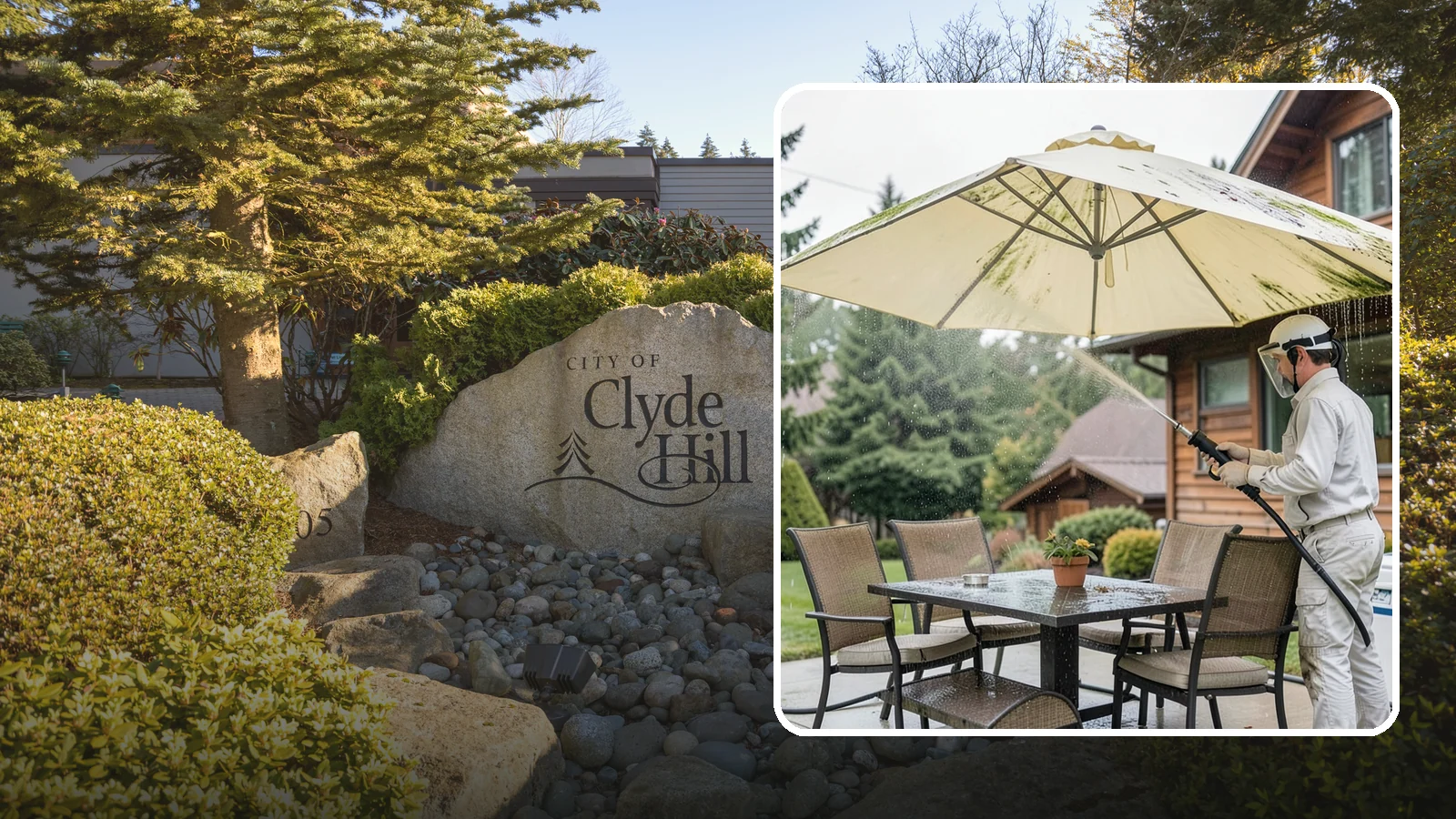 Umbrella Cleaning in Clyde Hill, King County, WA - We clean patio umbrella canopies and frames to strip out the moss spotting and bird mess that collect over a long rainy season.