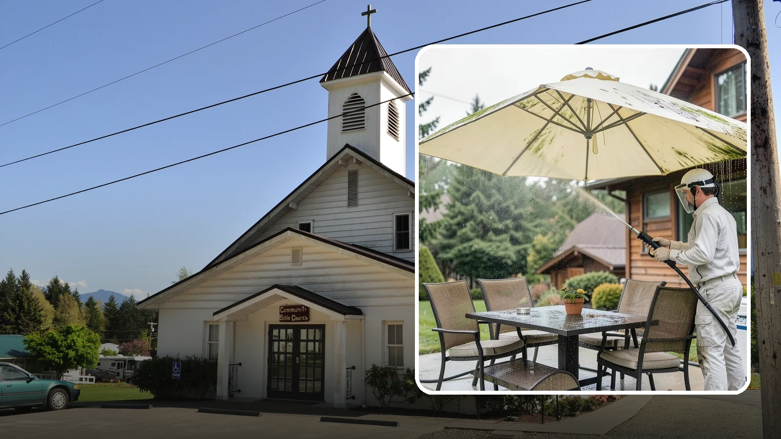 Umbrella Cleaning in Concrete, Skagit County, WA - We clean patio umbrella canopies and frames to strip out the moss spotting and bird mess that collect over a long rainy season.